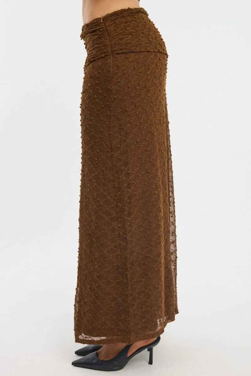 Wrinkle Resistant Brown Maxi Skirt Textured Gathered Waist Stretch Lined