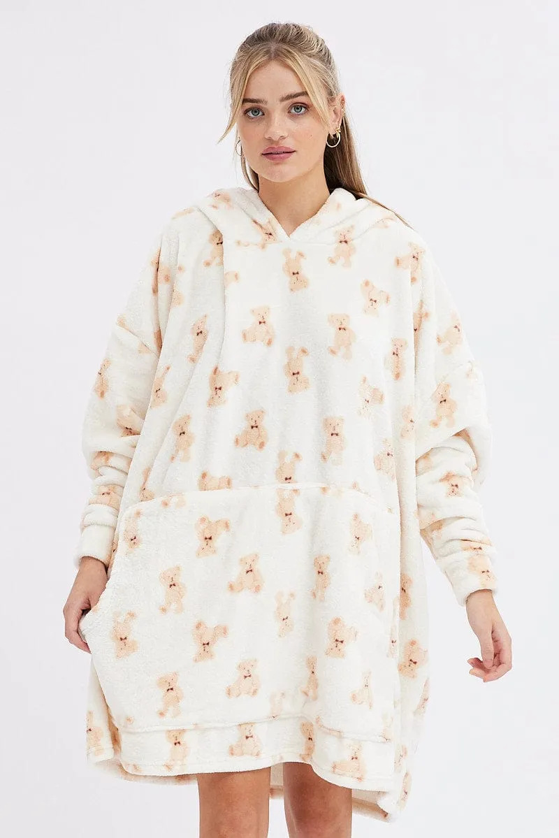 Print Teddy Bear Fluffy Cosy Blanket Hoodie PJ Cotton Blend Anti fungal