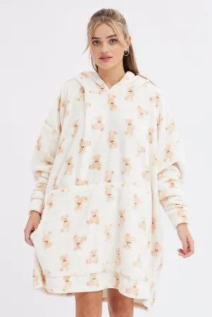 Print Teddy Bear Fluffy Cosy Blanket Hoodie PJ Cotton Blend Anti fungal