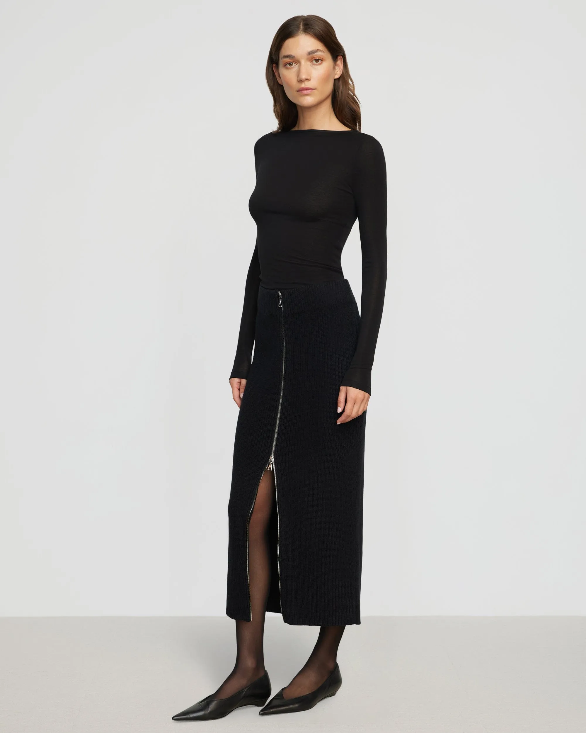 Sutton Front-Zip Sweater Skirt Airy Look Tiered Layers