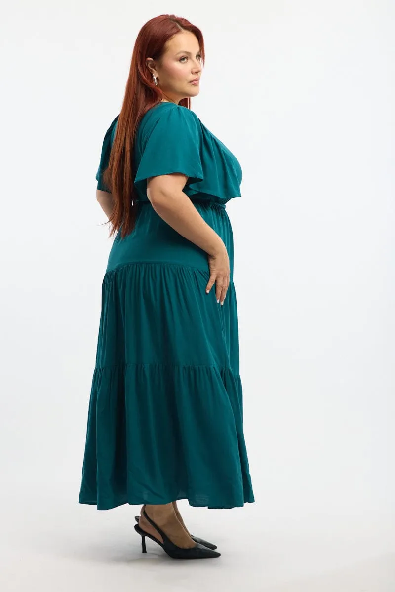 relaxed elegance Green Tiered Maxi Dress Short Sleeve