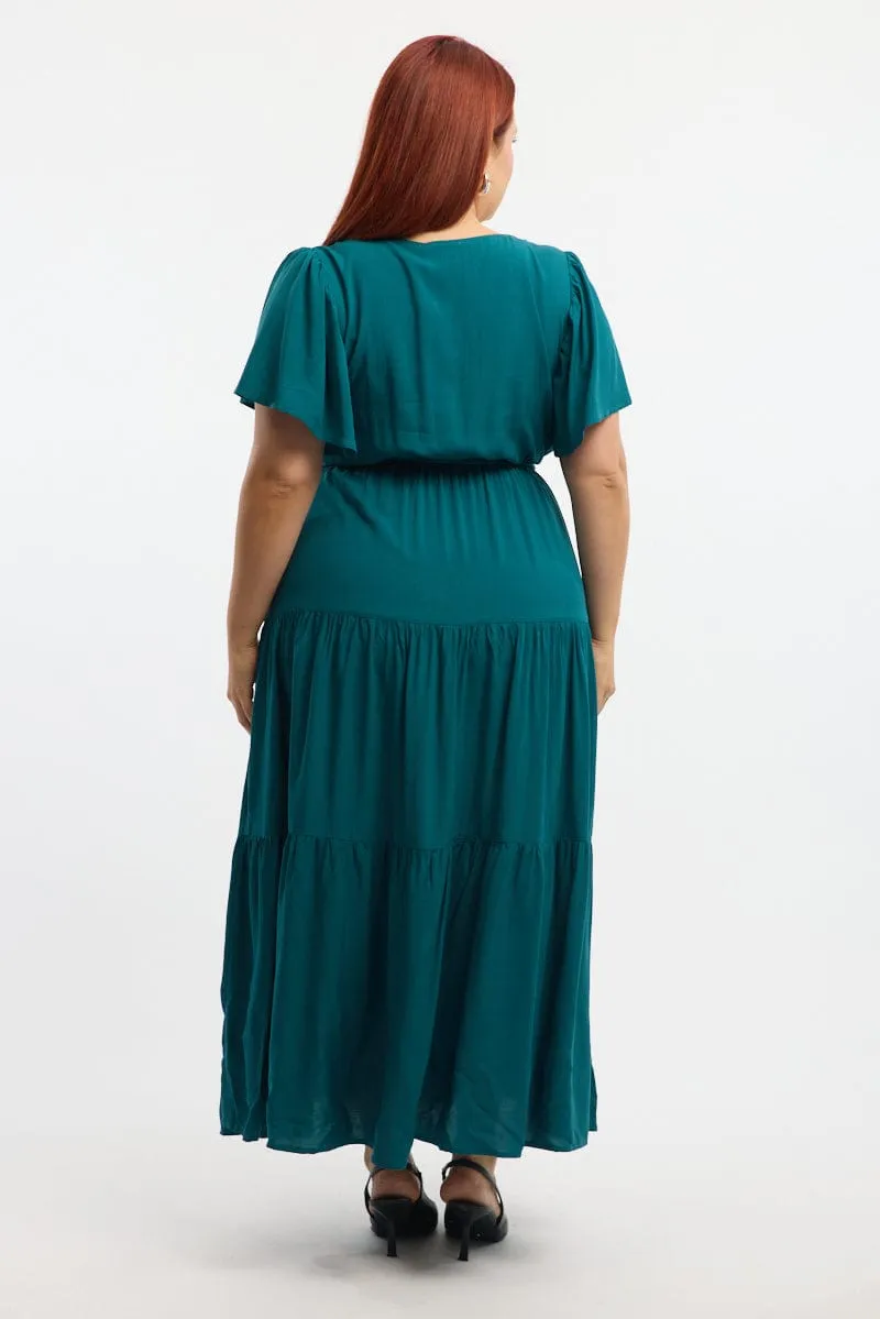 Snow Field Joy Soul Green Tiered Maxi Dress Short Sleeve
