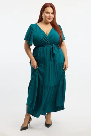 Shell Beach Frill Edge Green Tiered Maxi Dress Short Sleeve