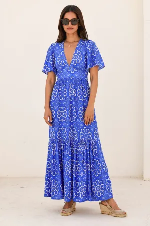 Sailing Day Cowl Neck Sylvie EcoVero? Dress | Lace Floral Cobalt/White