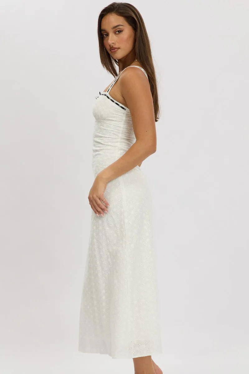 White Midi Dress Lace Trim Sleeveless Eyelet Fabric Office To Out