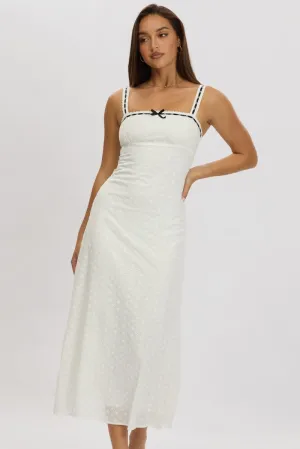 Chic dinner outfit Self Love White Midi Dress Lace Trim Sleeveless Eyelet Fabric