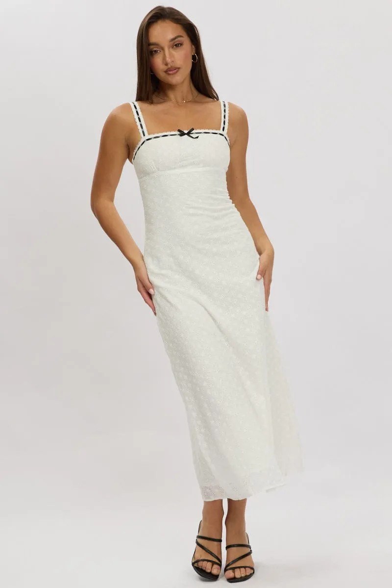 Cozy midi dress White Midi Dress Lace Trim Sleeveless Eyelet Fabric