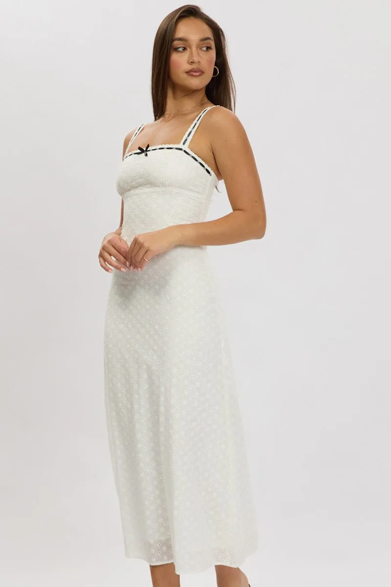 Perfect outdoor event dress Plaza Walk White Midi Dress Lace Trim Sleeveless Eyelet Fabric