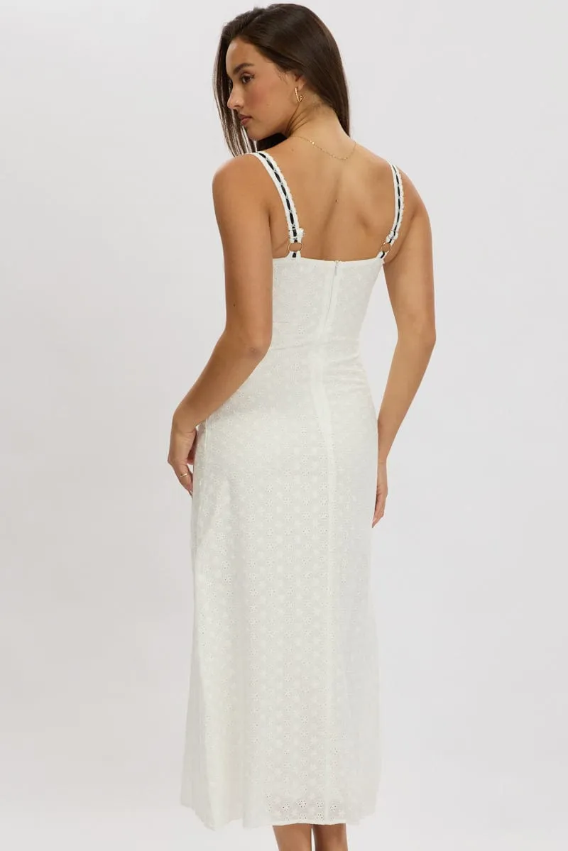 On The Go White Midi Dress Lace Trim Sleeveless Eyelet Fabric