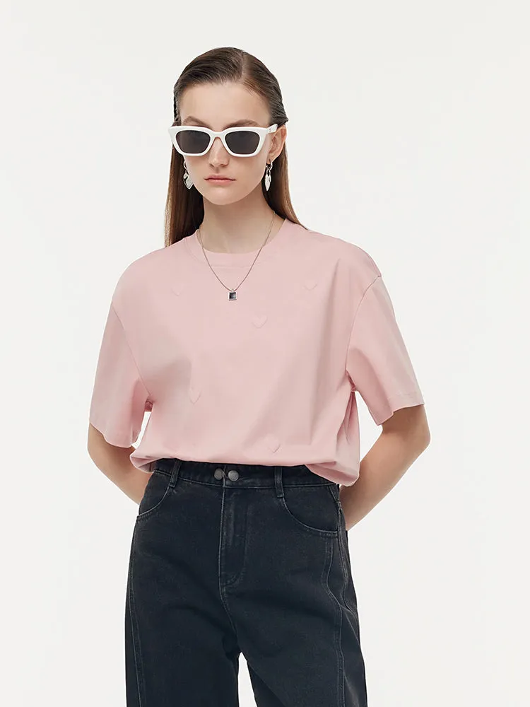 100% Cotton Heart Print Women Relaxed T-Shirt Wrinkle Resistant Cloth FunctionalPockets