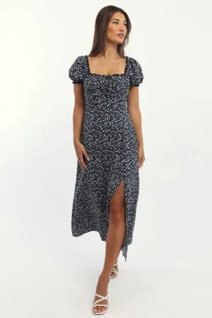 Blue Ditsy Midi Dress Short Sleeve Side Split Road Trip