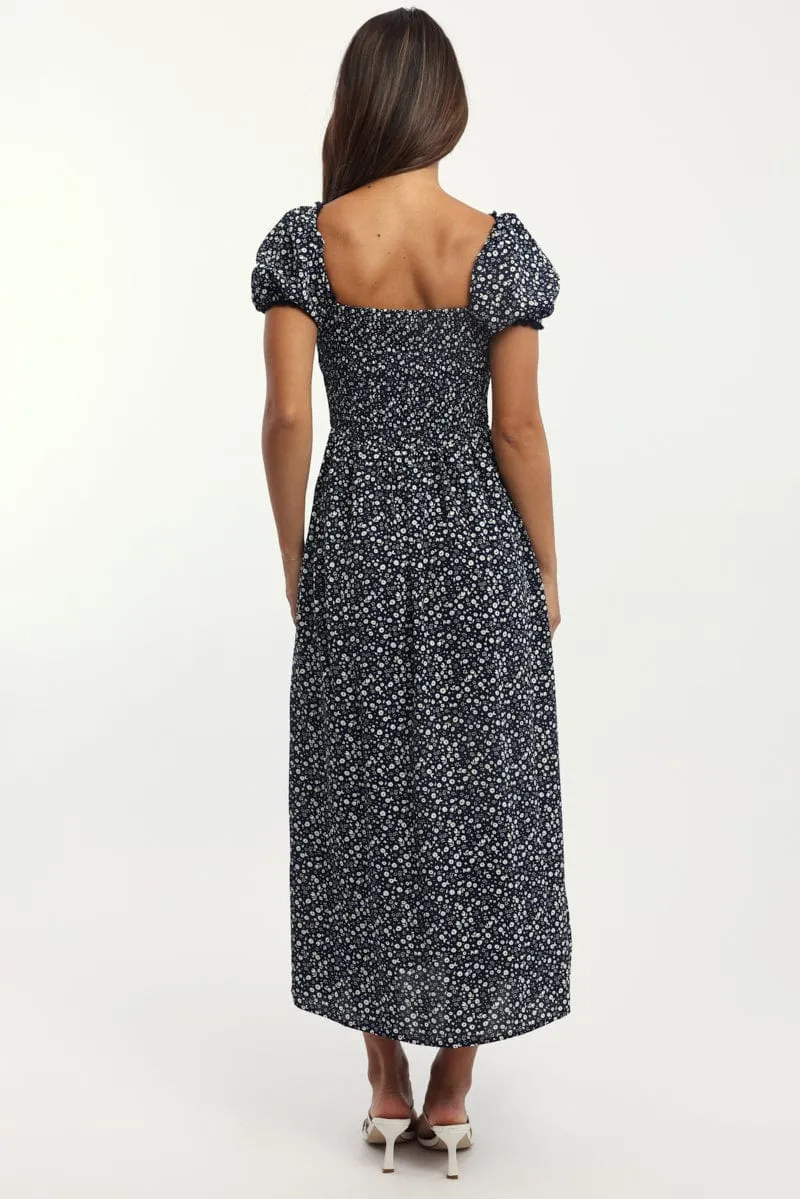 Birthday Dinner Air Comfort Blue Ditsy Midi Dress Short Sleeve Side Split