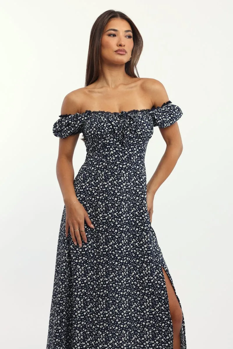 Any Season french chic Blue Ditsy Midi Dress Short Sleeve Side Split