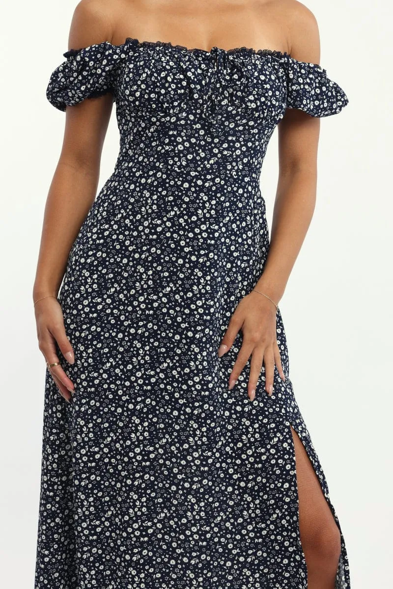 High impact Trendy Fit Blue Ditsy Midi Dress Short Sleeve Side Split