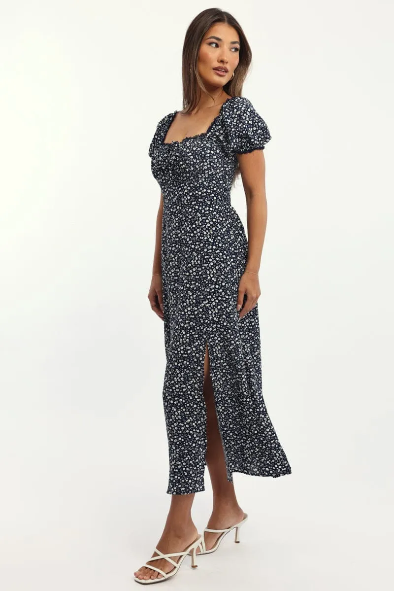 Blue Ditsy Midi Dress Short Sleeve Side Split Romantic Soul Chic Traveler