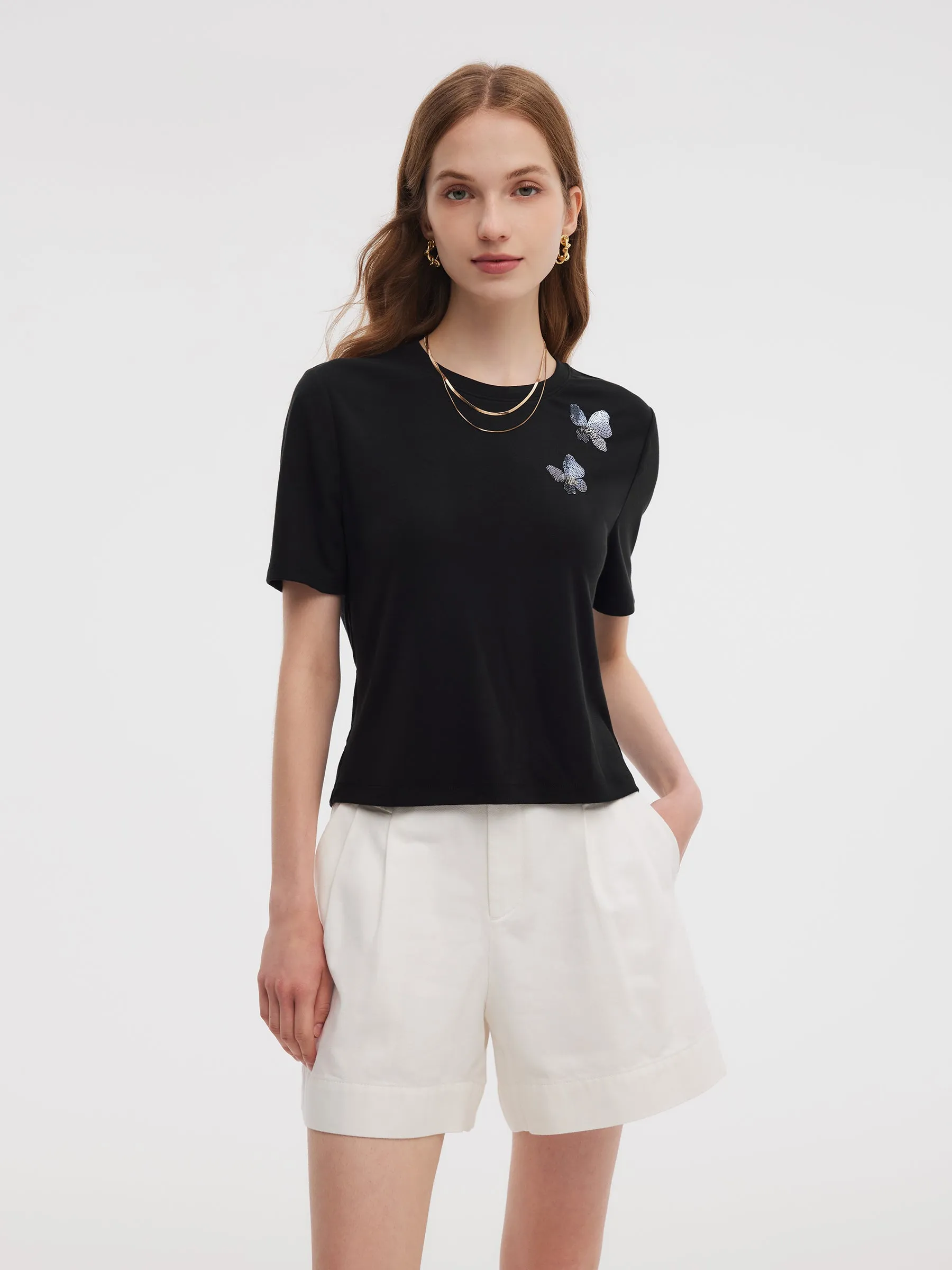 Trendy Layering Unisex Fit Tencel Blend Butterfly Sequin Embroidered Women T-Shirt