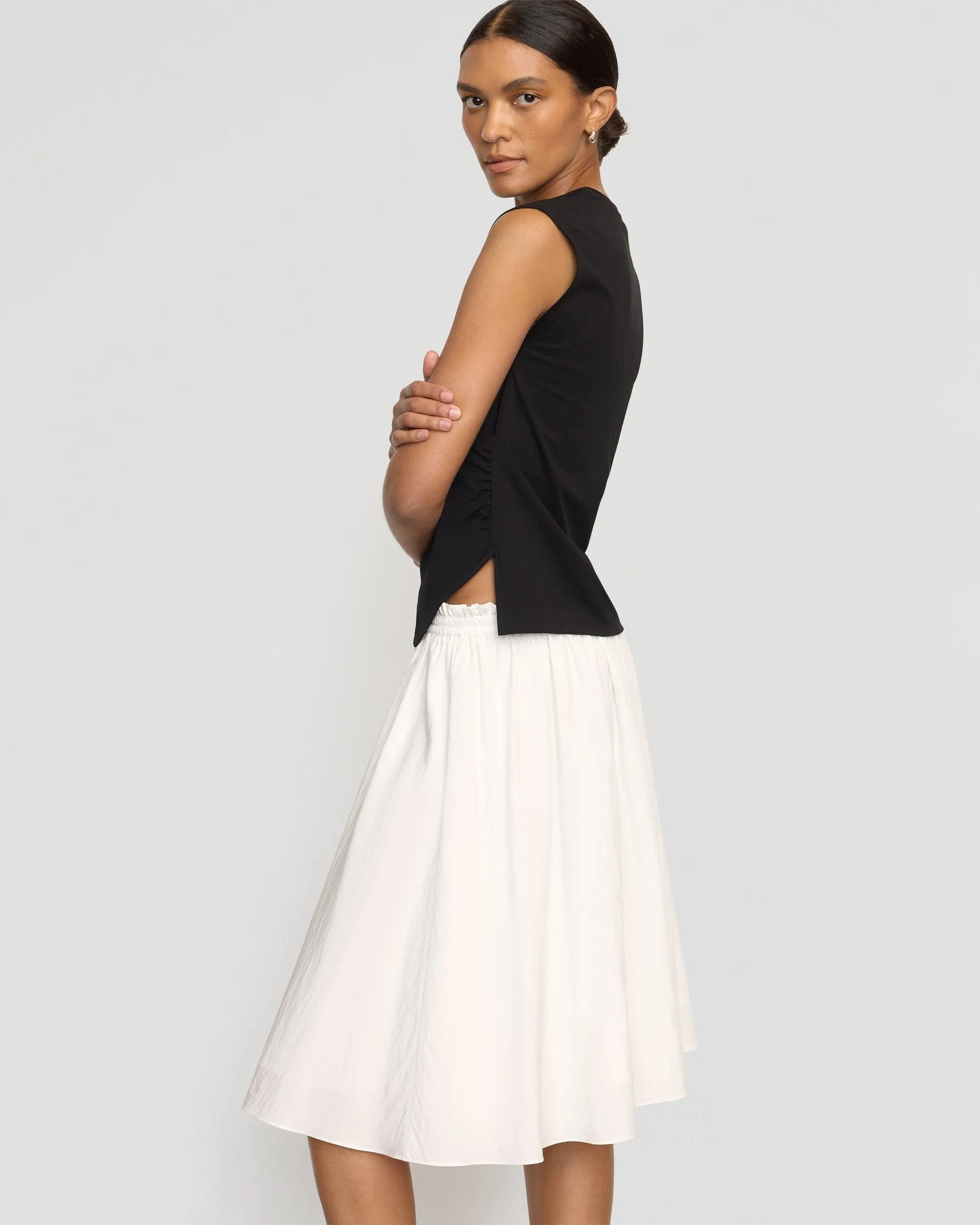 Polka Dot Crisp Edge Zazie Shirred Stretch-Waist Midi Skirt