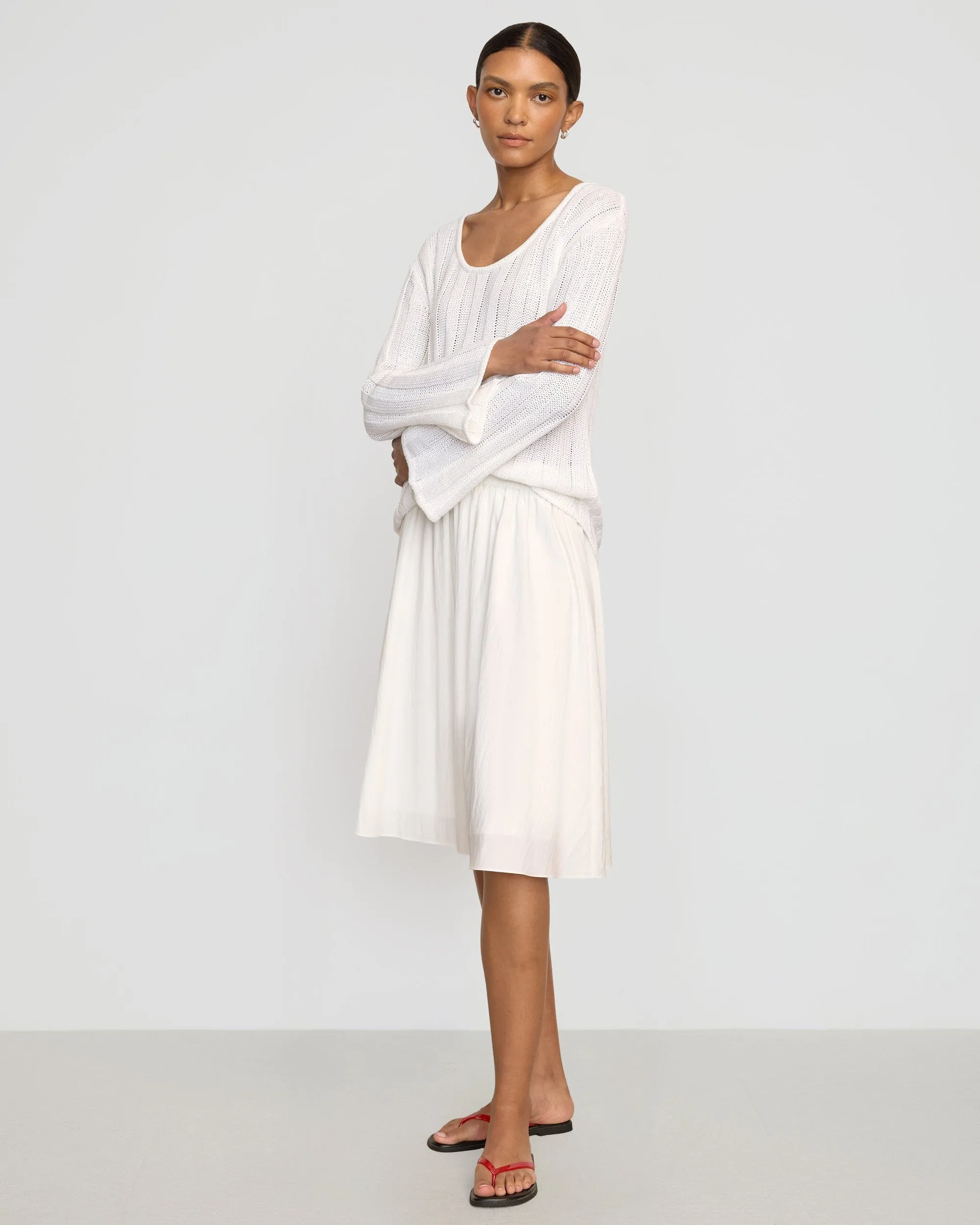 Adjustable drawstring Minimalist Trim Zazie Shirred Stretch-Waist Midi Skirt