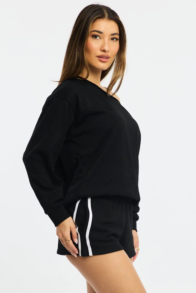product sporty appeal Windproof Design Black Off Shoulder Sweater Long Sleeve