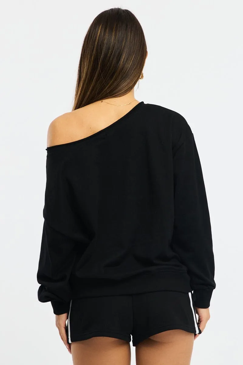 Comfy Fit Fashion Flex Black Off Shoulder Sweater Long Sleeve