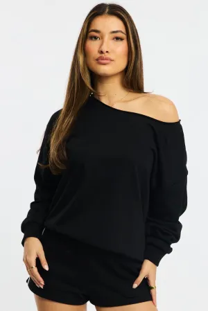 Flannel Weekend Vibe Black Off Shoulder Sweater Long Sleeve