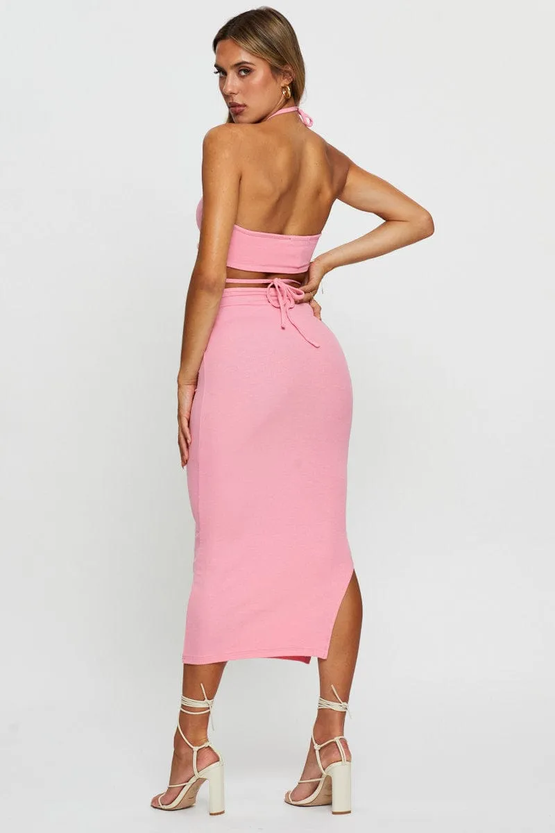 Pink Maxi Skirt Side Split Push Button Closure Stylish Finish
