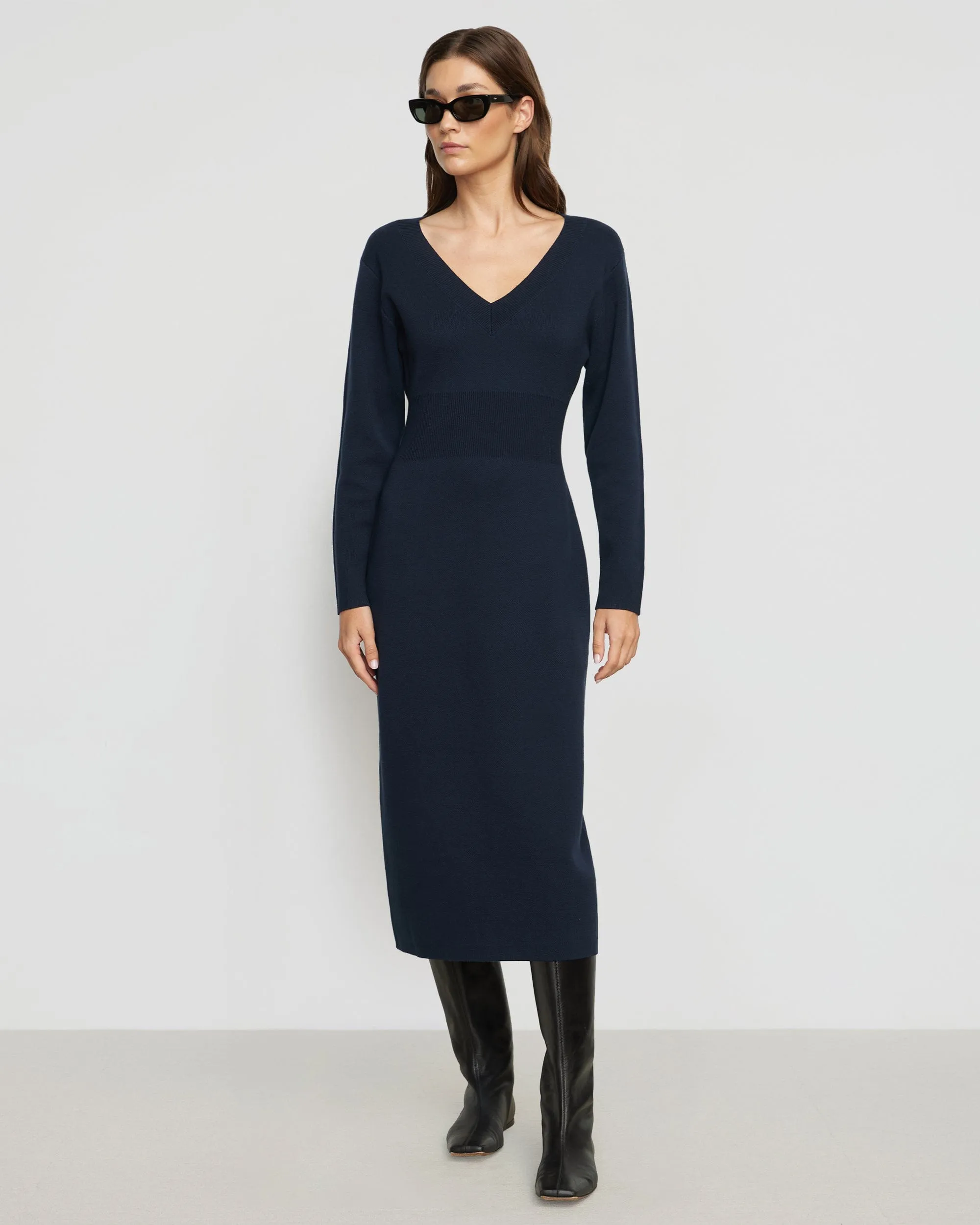 Bora Off-Shoulder V-Neck Sweater Dress Placket Closure