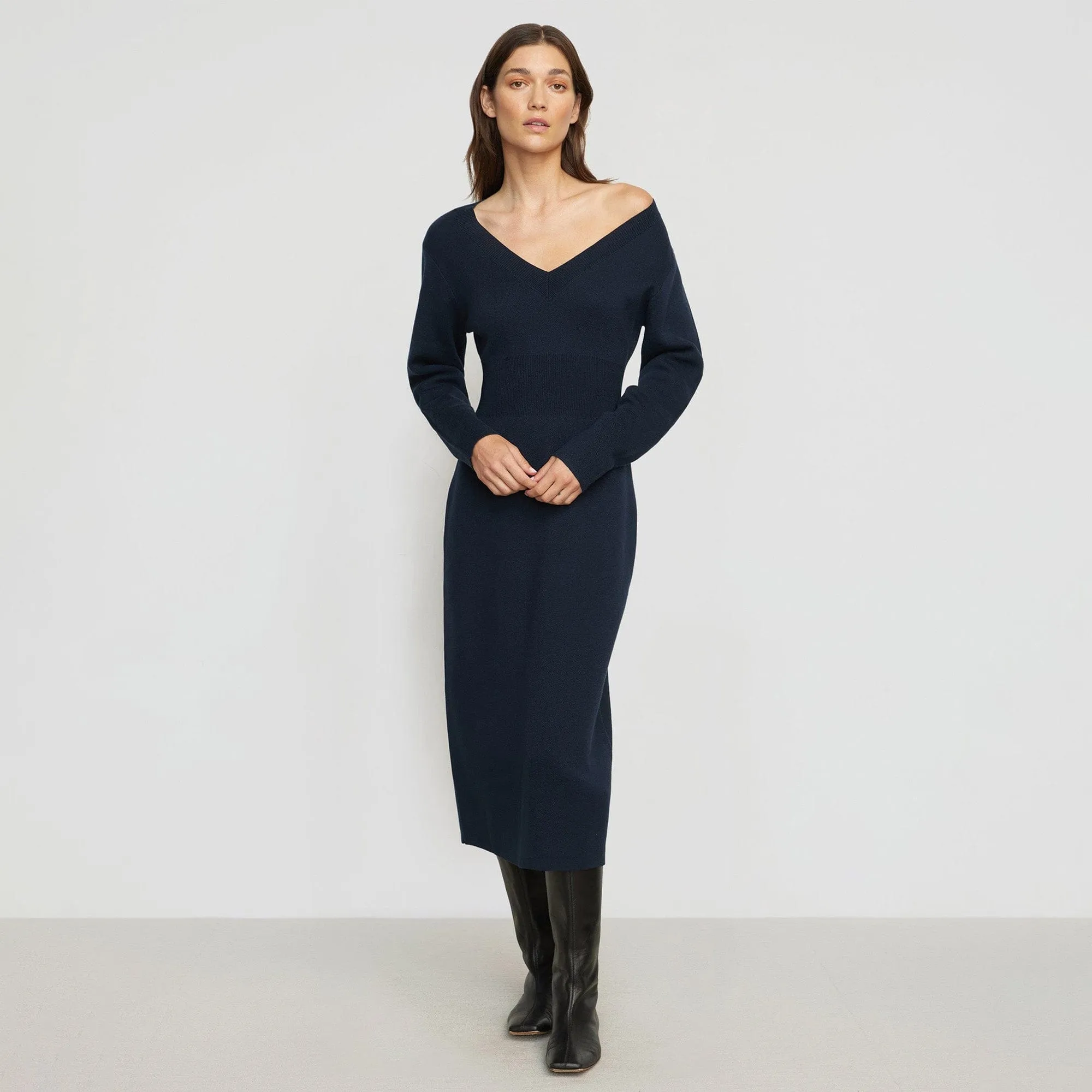 Light Fabric Group Mood Bora Off-Shoulder V-Neck Sweater Dress