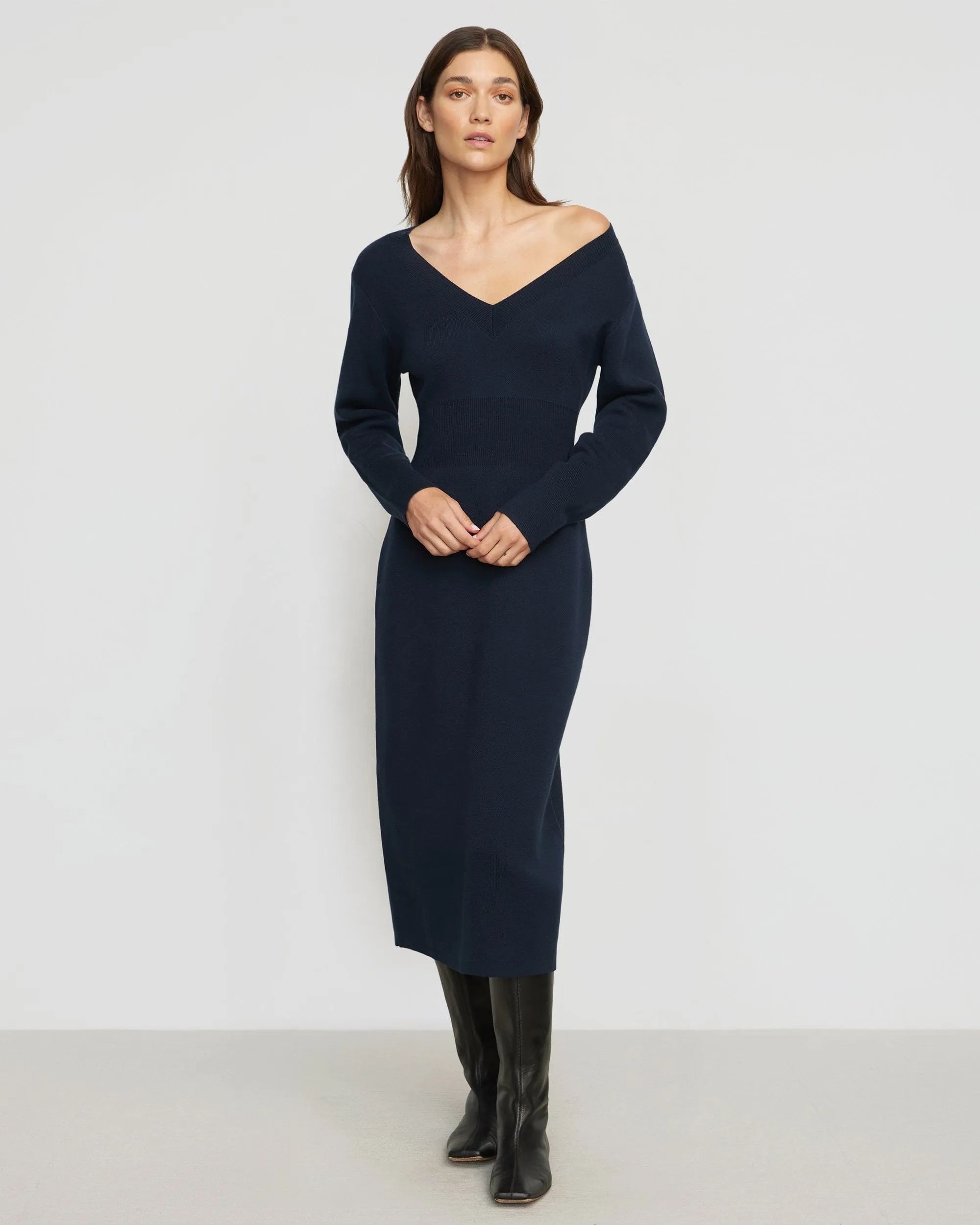 Bora Off-Shoulder V-Neck Sweater Dress ChafeResistant Seams Antibacterial lining