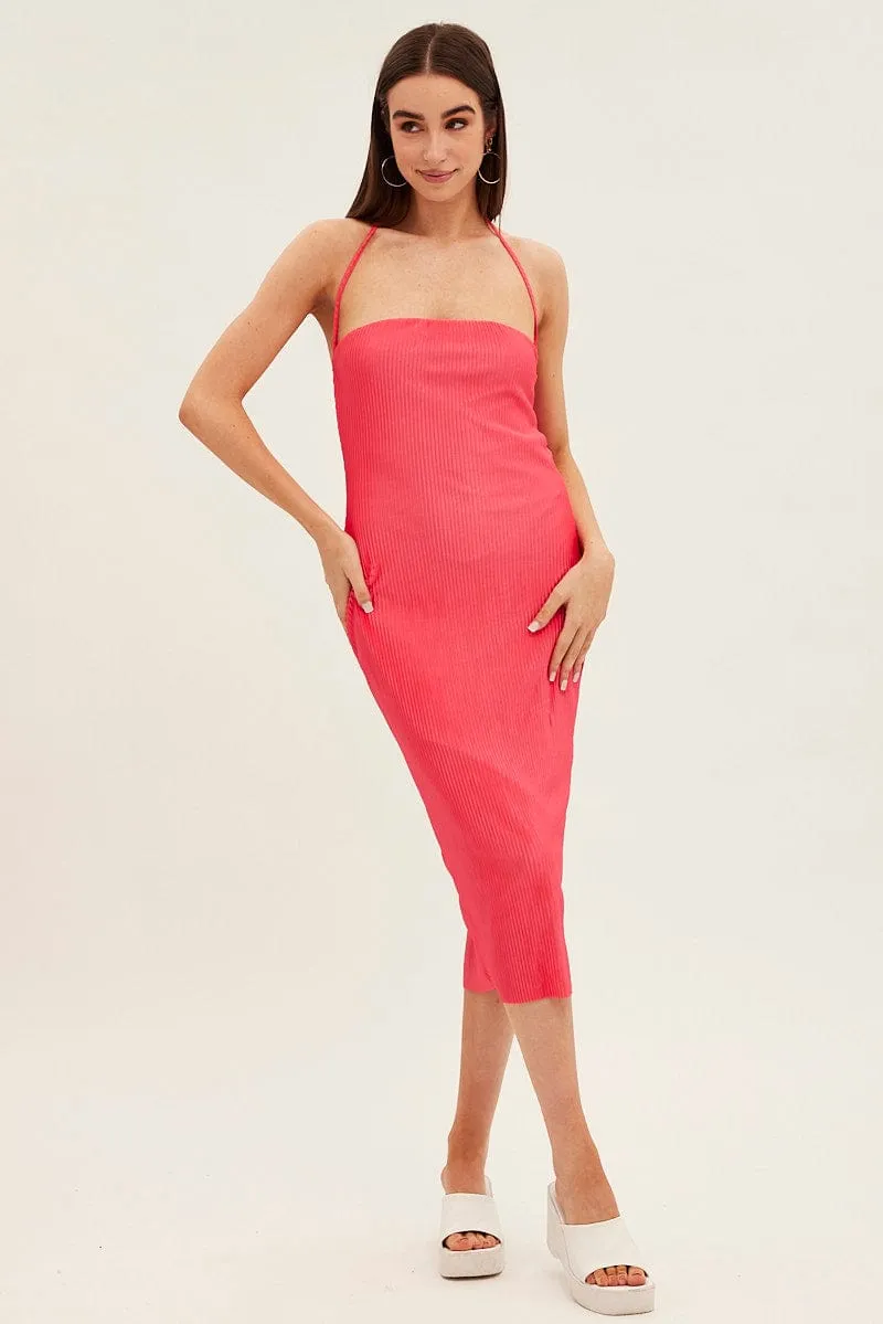 Effortless day-to-evening dress Statement pattern knee-length dress Pink Midi Dress Bandeau Plisse