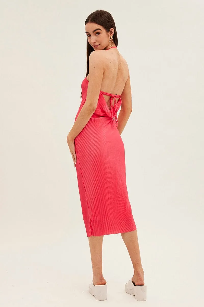 Pink Midi Dress Bandeau Plisse Feminine Charm