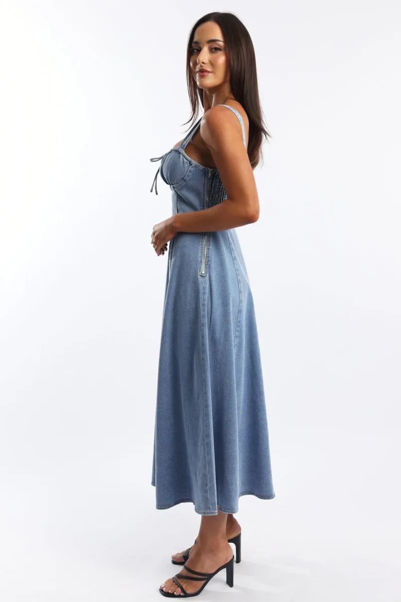 Lace Fine Everyday midi for work Blue Midi Dress Gathered Bust