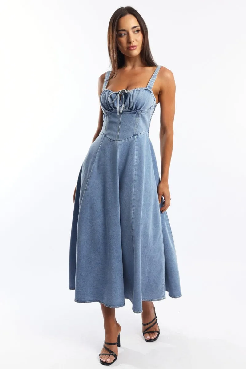 Relaxed Style Blue Midi Dress Gathered Bust