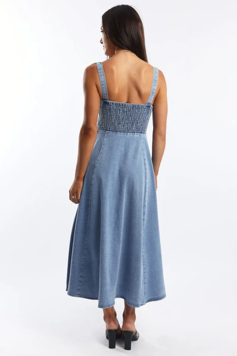 Stylish semi-formal dress Blue Midi Dress Gathered Bust
