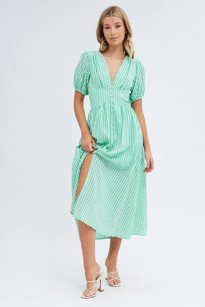 Green Check Check Puff Sleeve Midi Dress Modern feminine style