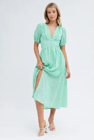 Green Check Check Puff Sleeve Midi Dress Modern feminine style