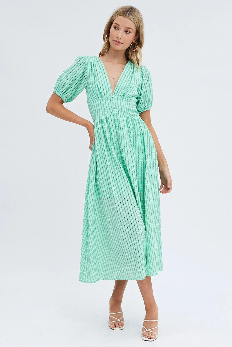 Green Check Check Puff Sleeve Midi Dress Date night Poetic Mood