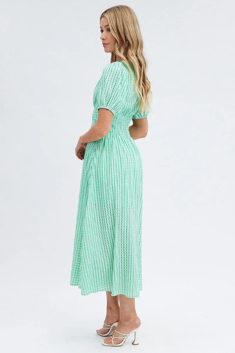 Layering friendly Green Check Check Puff Sleeve Midi Dress