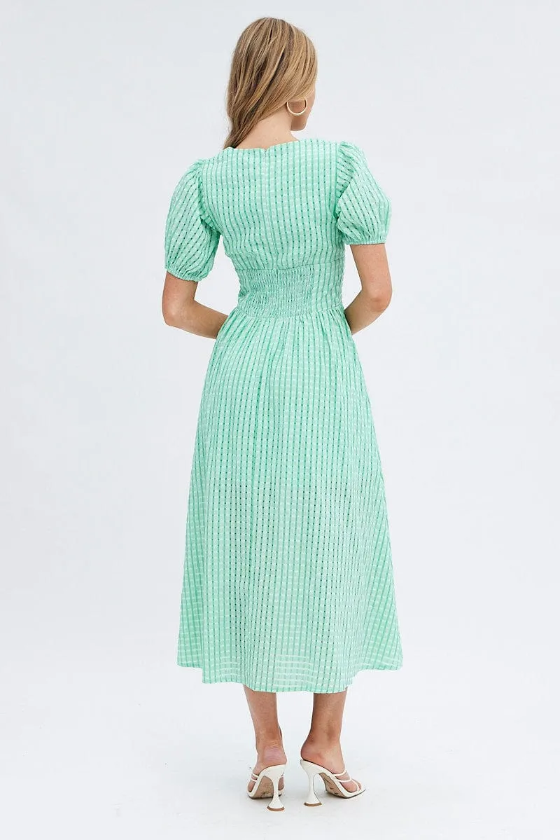 Green Check Check Puff Sleeve Midi Dress Minimalist mid-calf dress