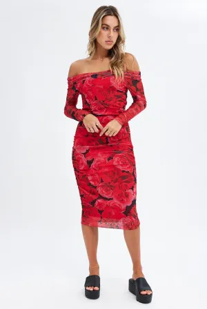 All Season Style Red Floral Midi Dress Bardot Off Shoulder Bodycon Ruched
