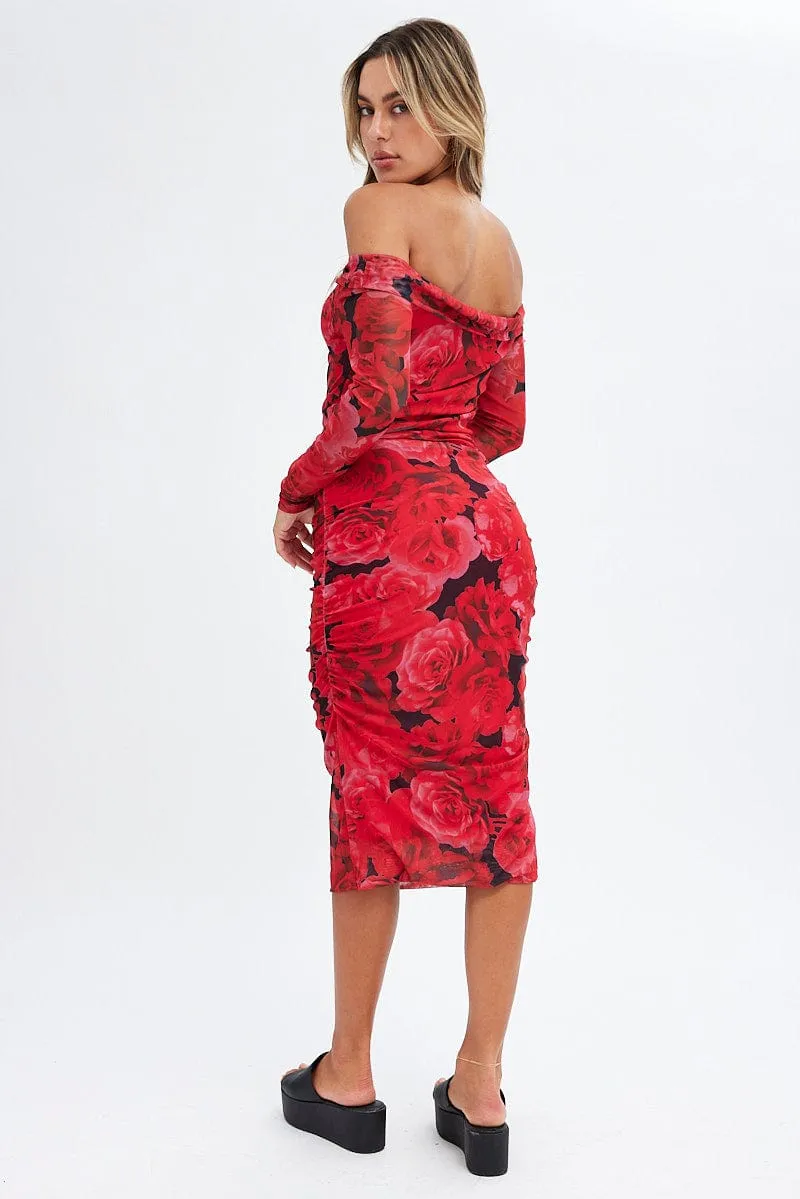 Red Floral Midi Dress Bardot Off Shoulder Bodycon Ruched Flight Hall Stylish Comfort