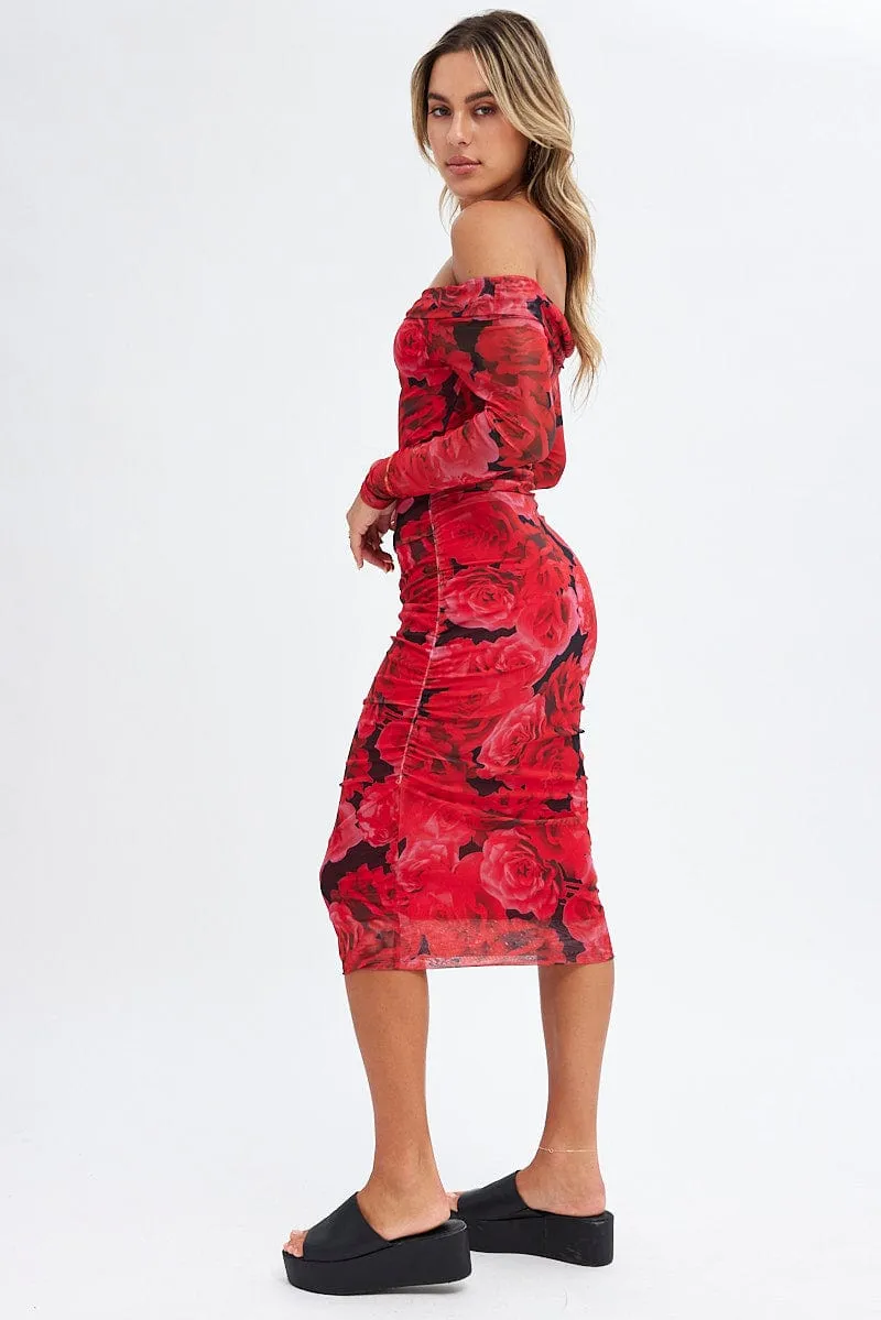 Winter Snow Red Floral Midi Dress Bardot Off Shoulder Bodycon Ruched