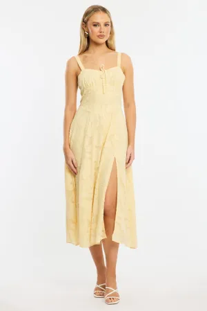 french chic Yellow Midi Dress Burn Out