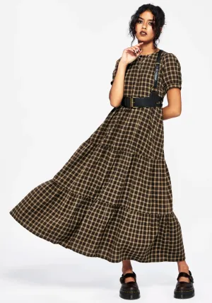Dune Glow Gray Mist Terra Cotton Check Smock Midaxi Dress - Brown