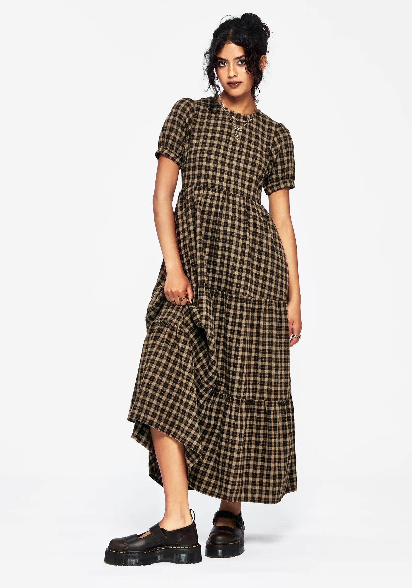 Terra Cotton Check Smock Midaxi Dress - Brown Rose Glow