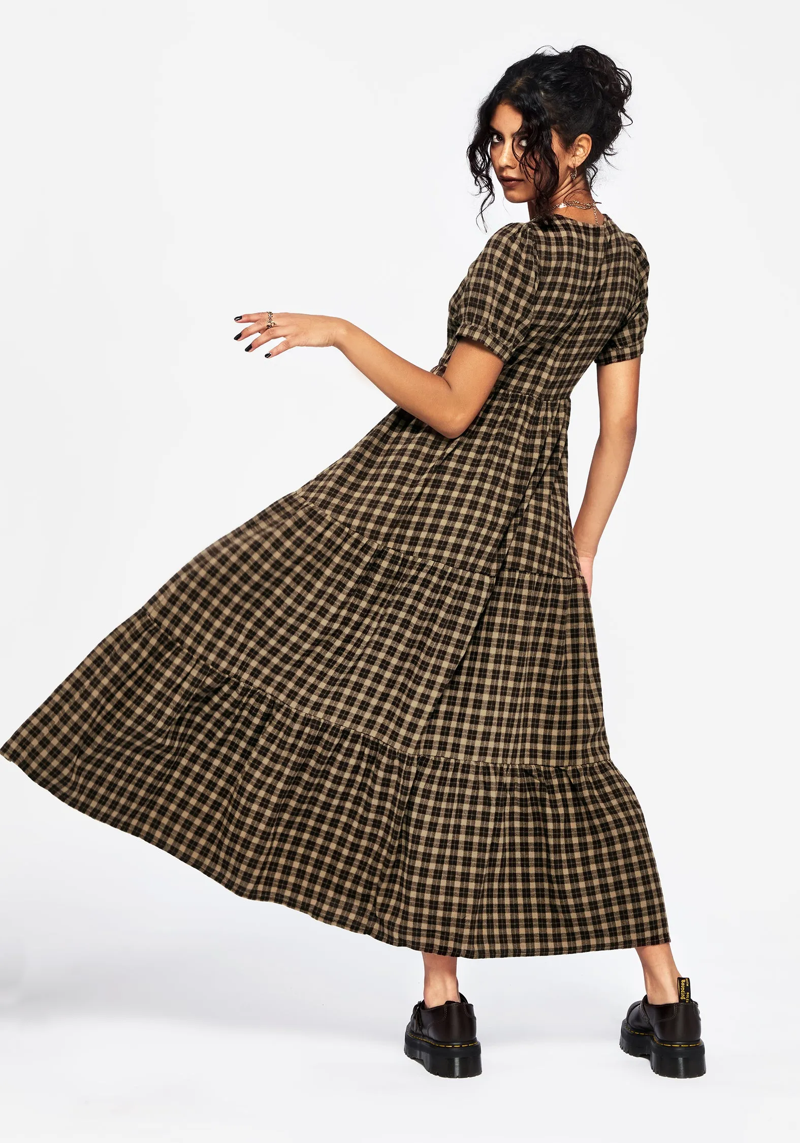 Tropical Air Retro Charm Terra Cotton Check Smock Midaxi Dress - Brown