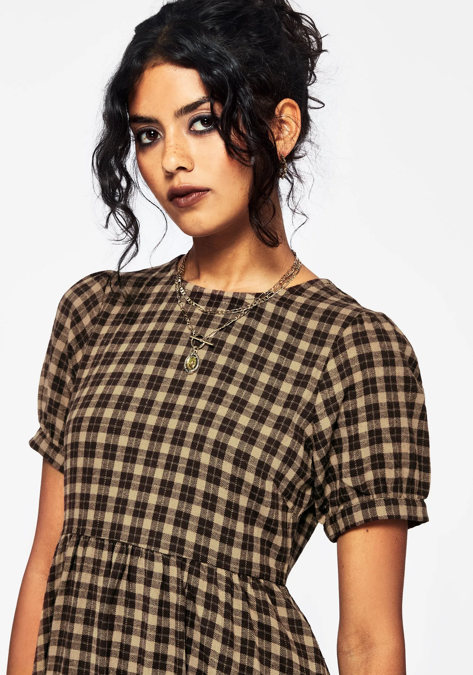 Terra Cotton Check Smock Midaxi Dress - Brown Gold Touch Canvas Glow