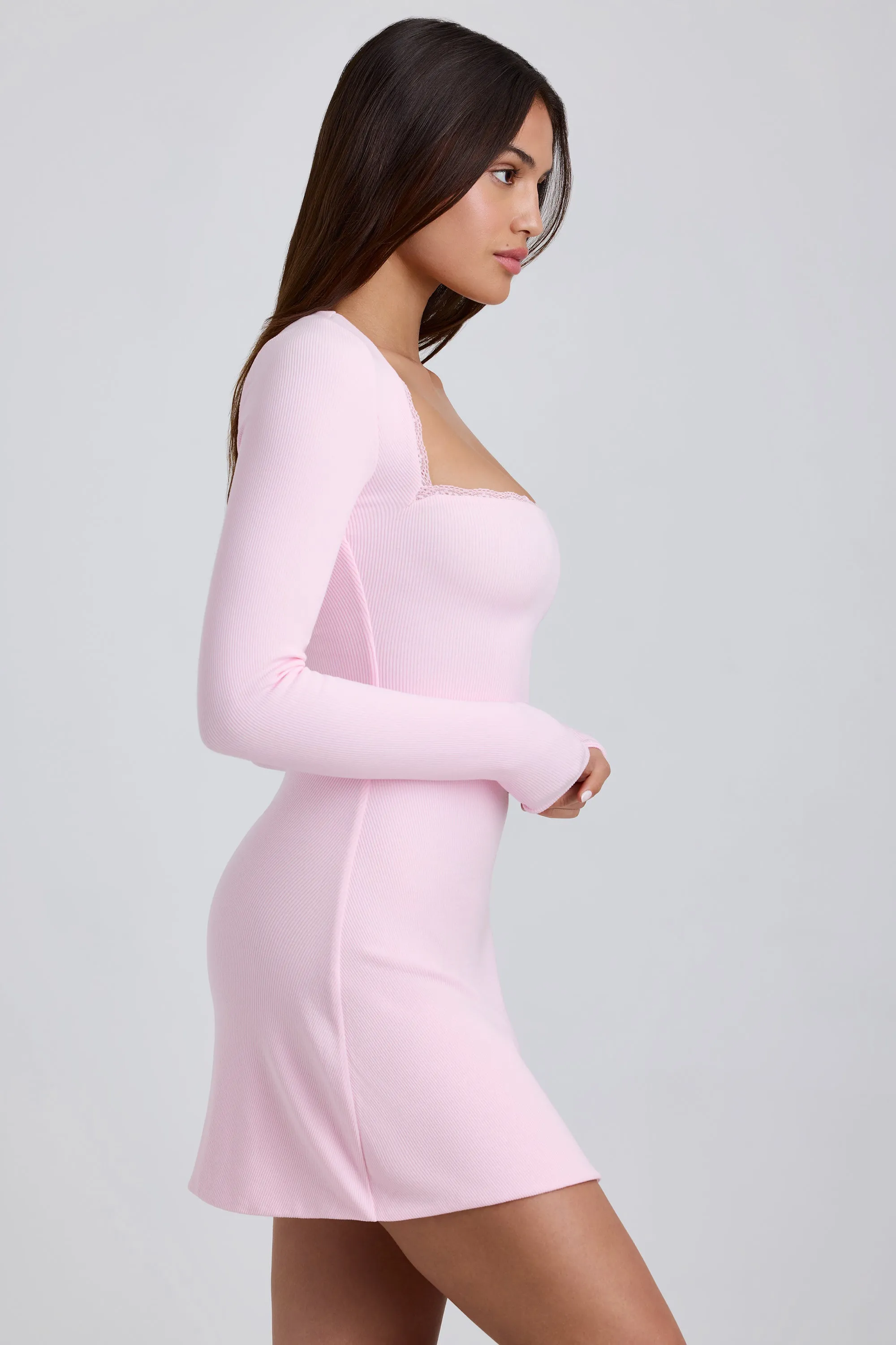 Lightweight party mini Double Layered Collar Ribbed Modal Lace-Trim Mini Dress in Blossom Pink