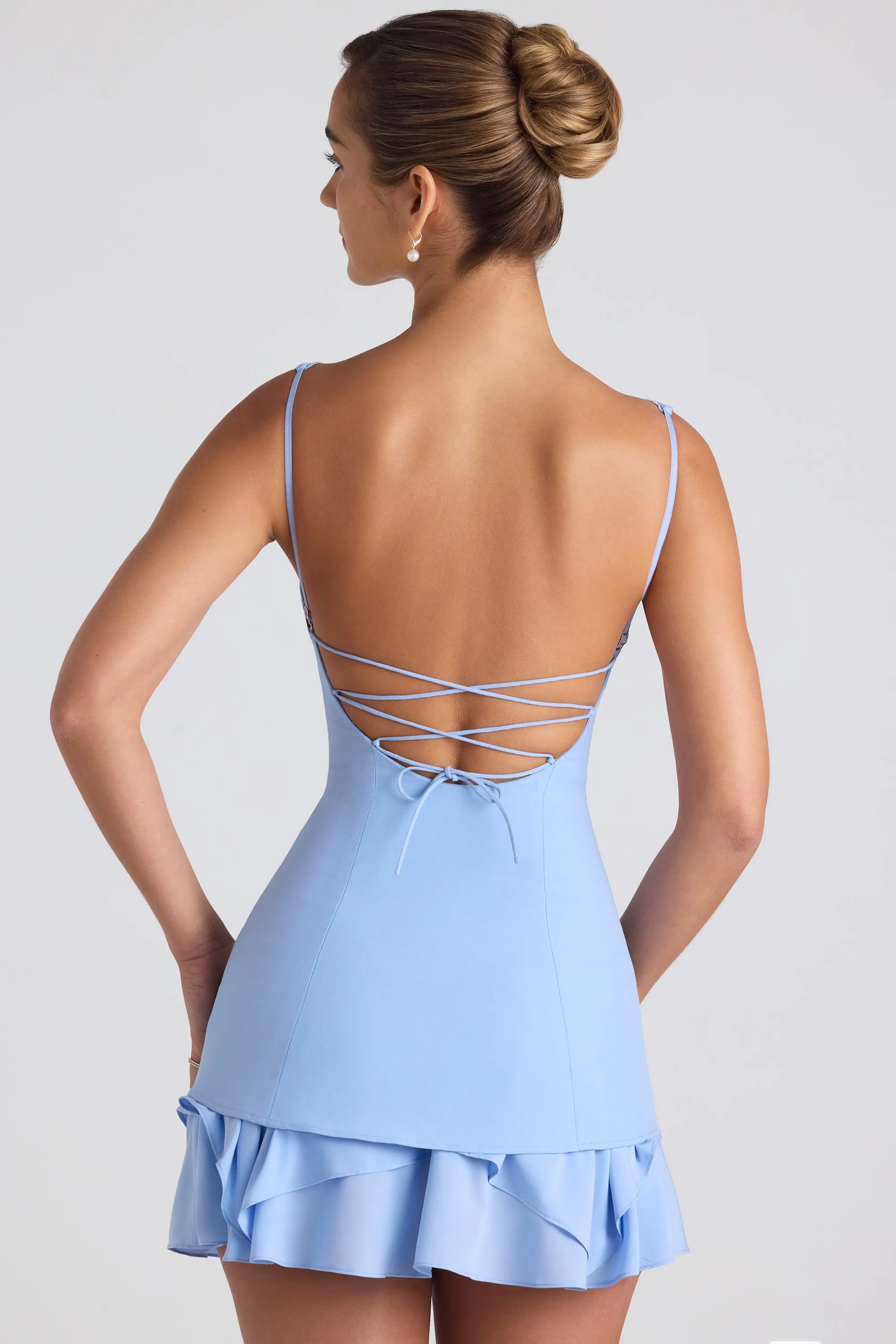 Urban Fashion Ruffle-Trim Button-Detail Corset Mini Dress in Sky Blue