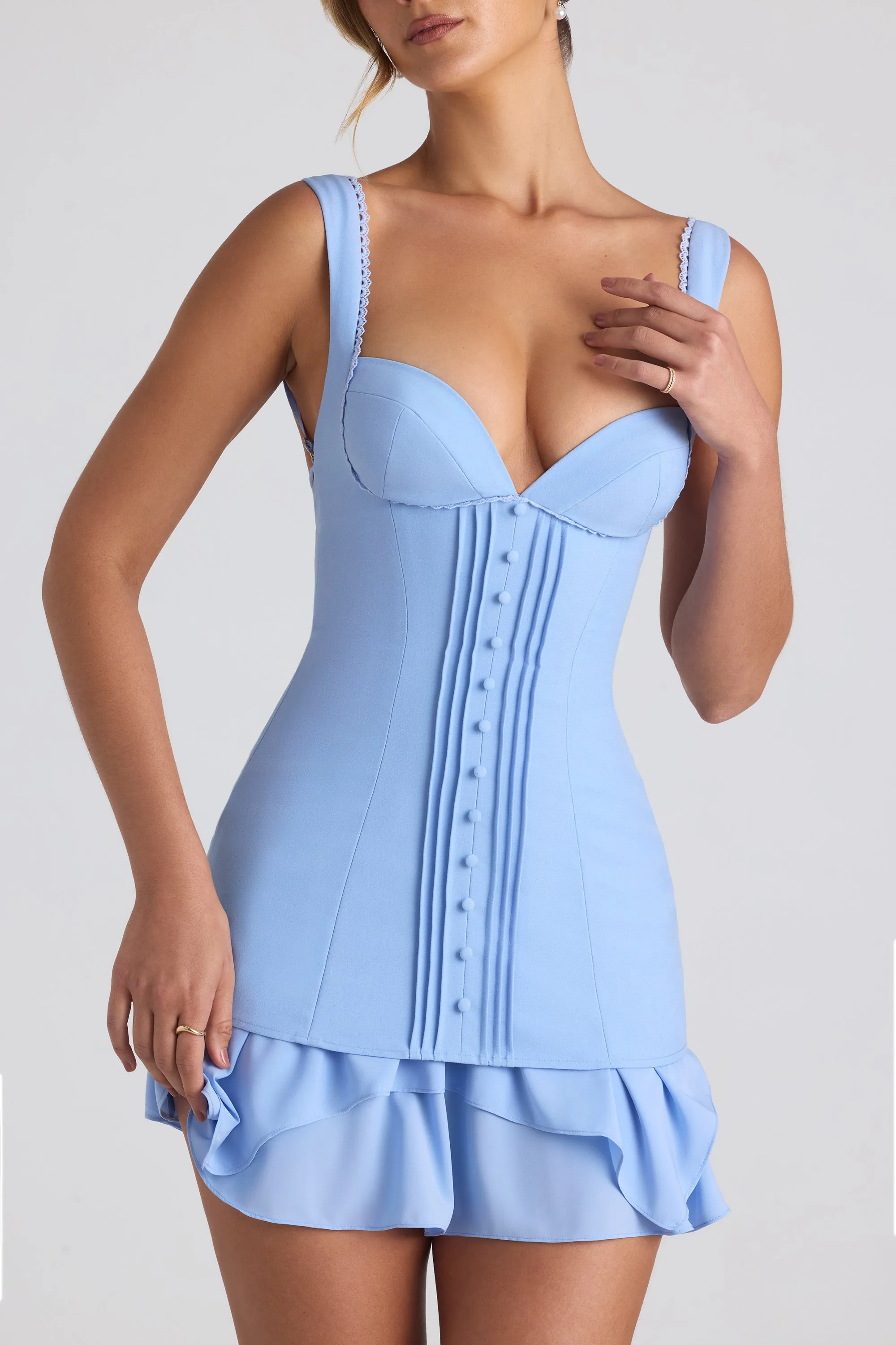 Ruffle-Trim Button-Detail Corset Mini Dress in Sky Blue Fun statement mini
